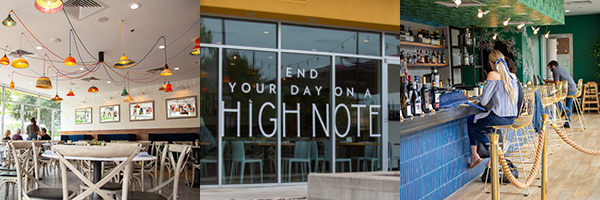 Images from High Note, including the dining room light figures, the bar area, and the sign outside reading "End Your Day on a High Note"