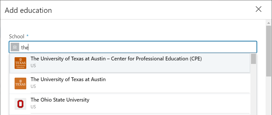 UT CPE on drop-down menu for education section